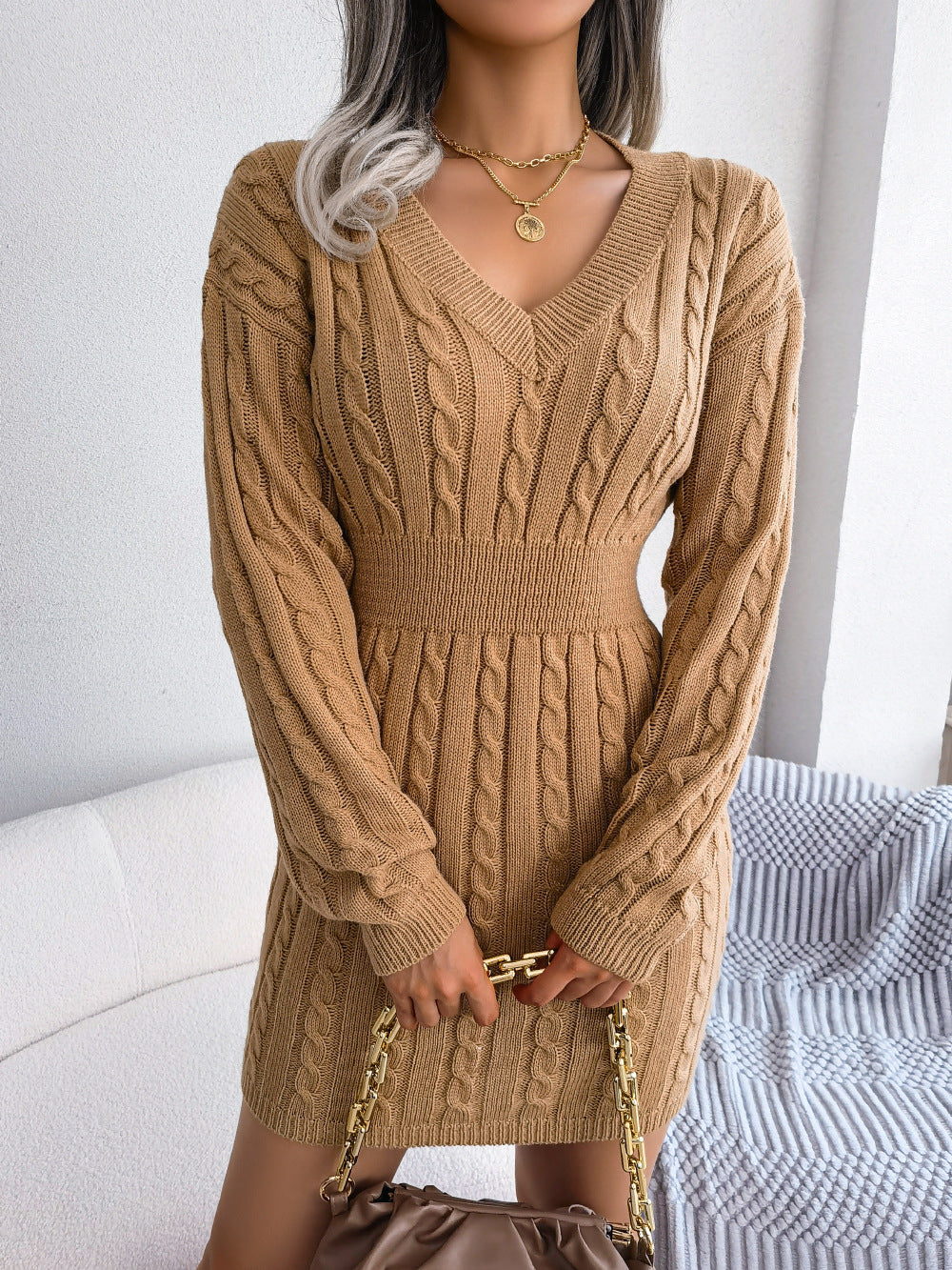 Cable Knit V-Neck Sweater Dress