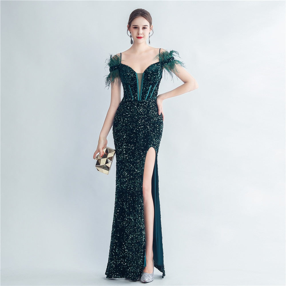 Ostrich Feather Sequin Gown