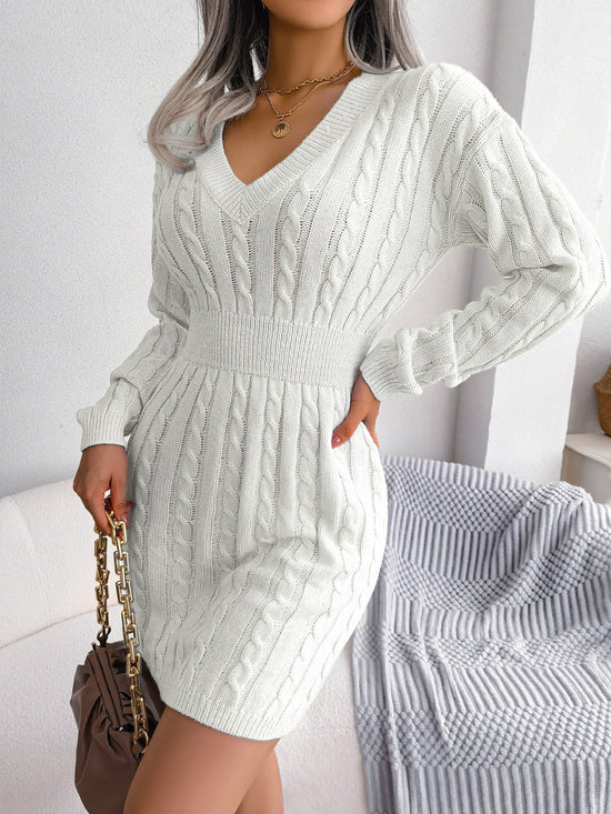 Cable Knit V-Neck Sweater Dress