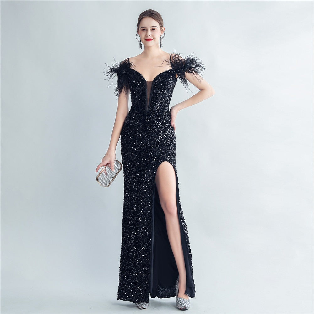 Ostrich Feather Sequin Gown