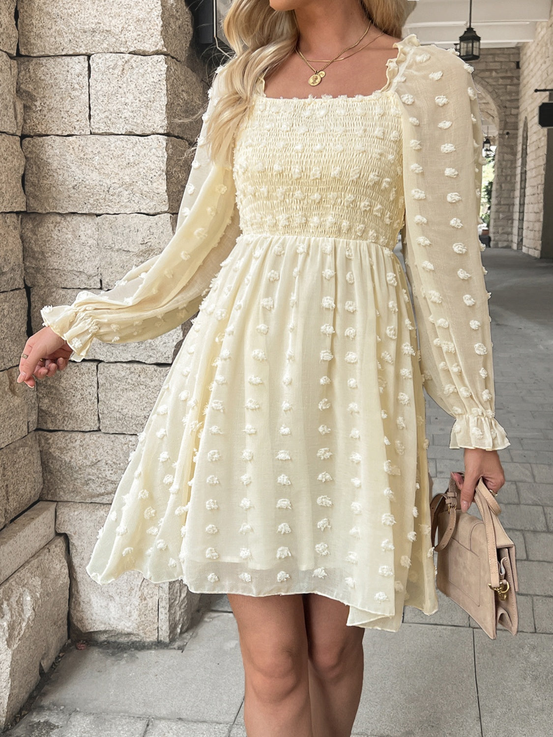 Smocked Flounce Sleeve Dress