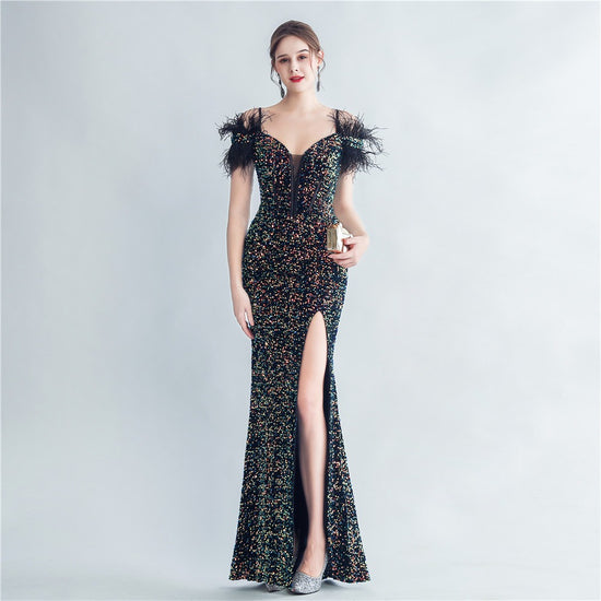 Ostrich Feather Sequin Gown