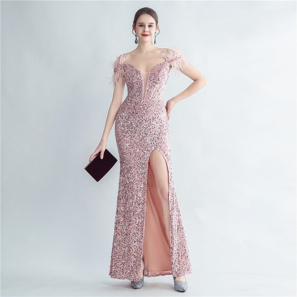 Ostrich Feather Sequin Gown