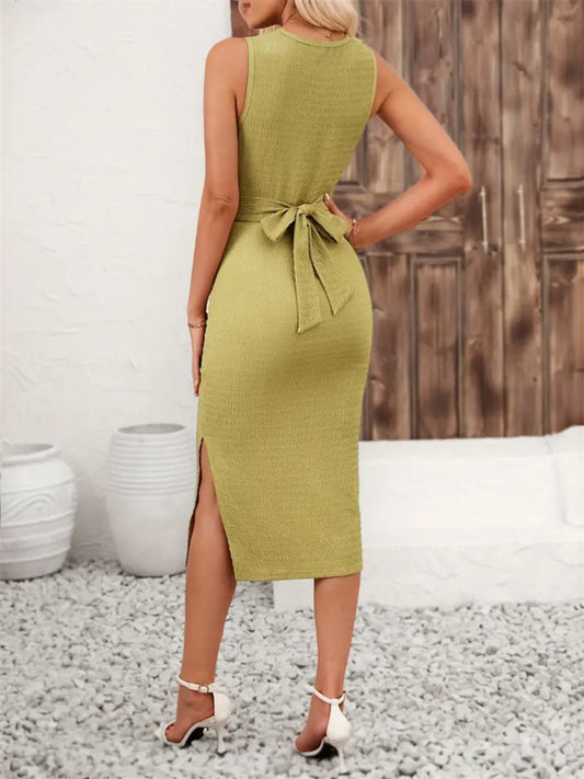 Back Tie Sleeveless Slit Midi Dress